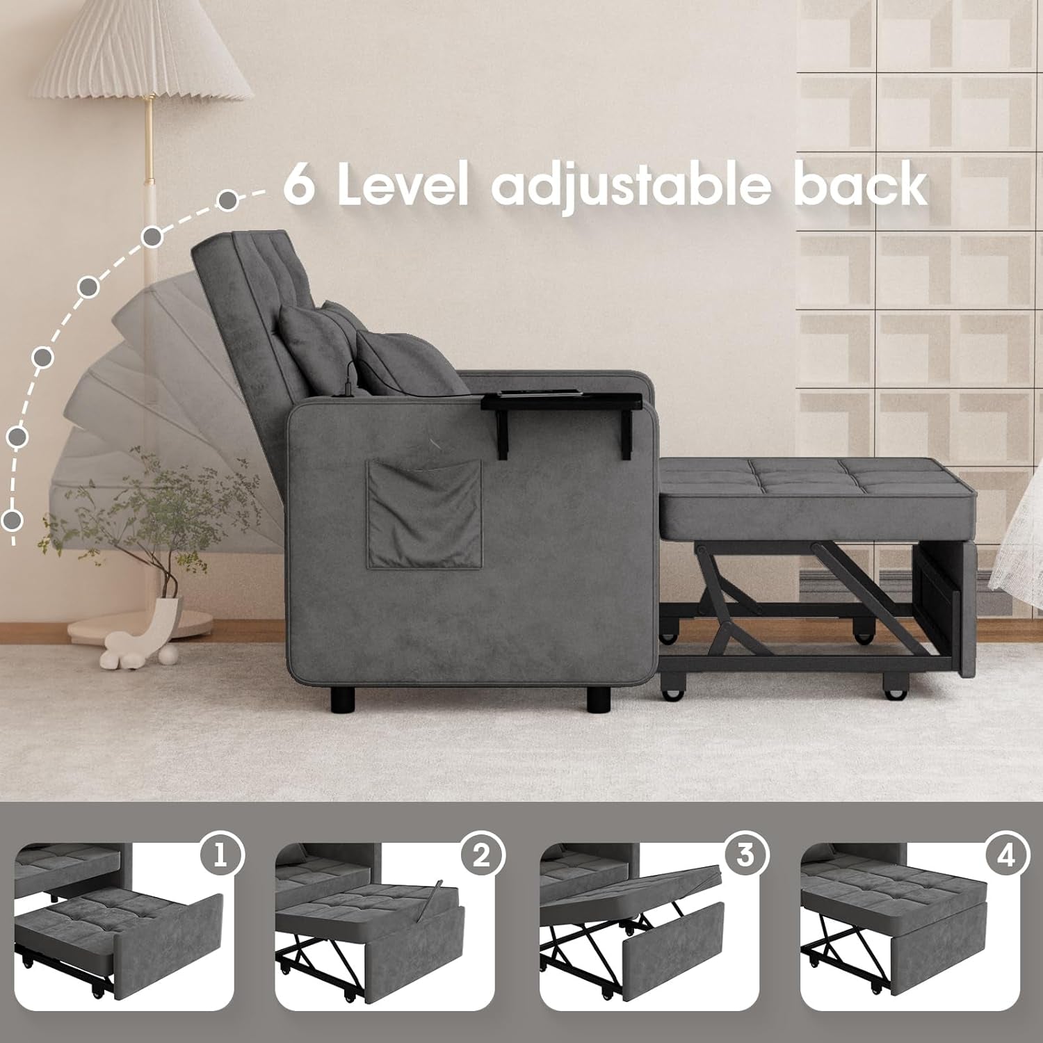 3 In 1 Velvet Sofa Bed with Adjustable Backrest