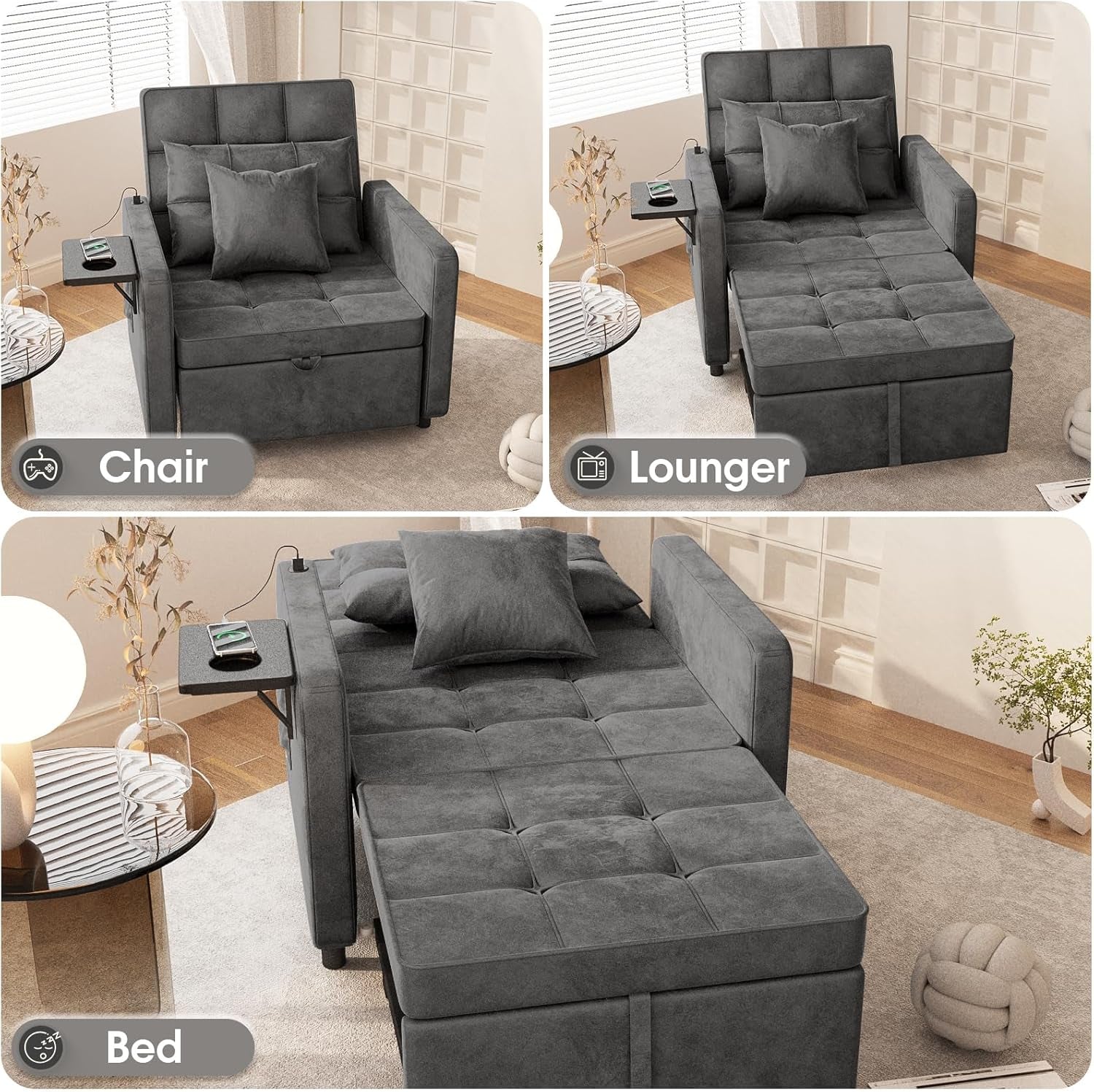 3 In 1 Velvet Sofa Bed with Adjustable Backrest