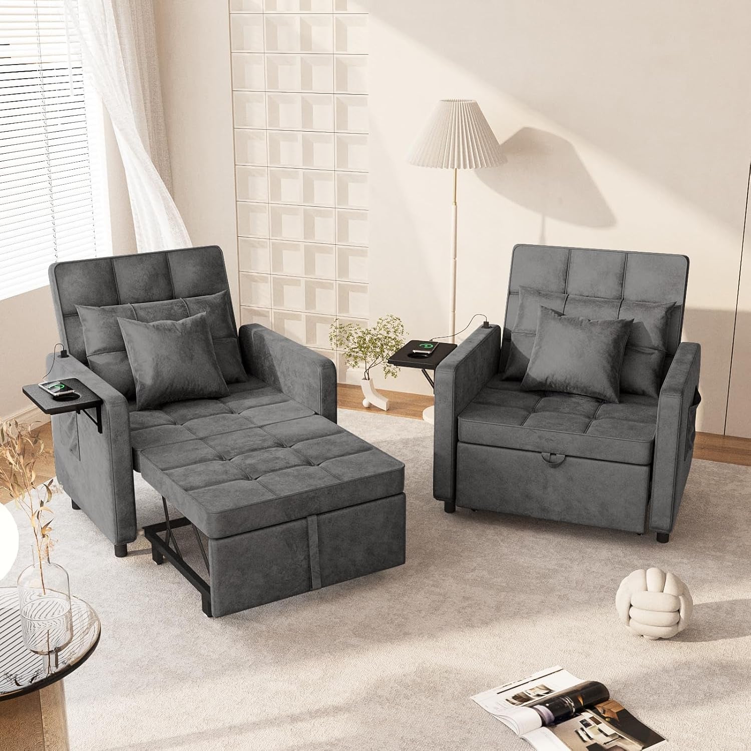3 In 1 Velvet Sofa Bed with Adjustable Backrest