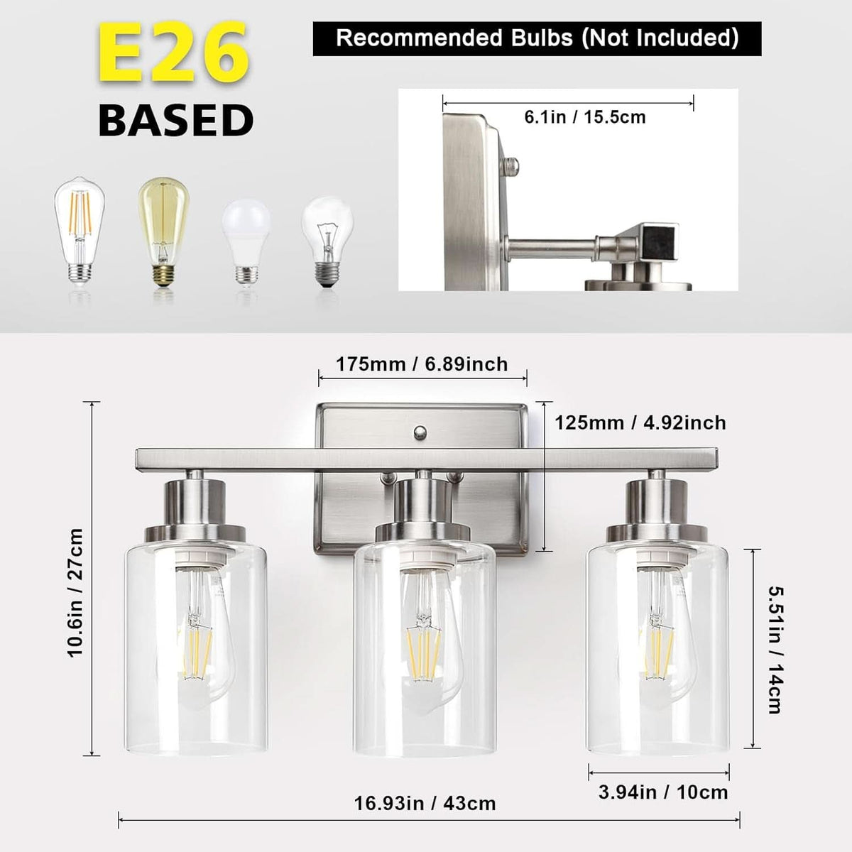 3 Light Brushed Nickel Vanity Light Fixture For Bathroom