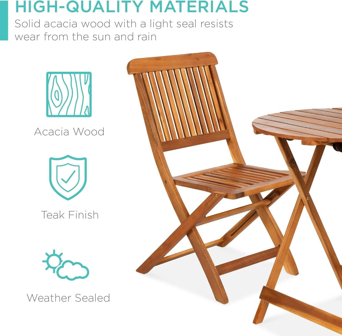 3 Piece Acacia Wood Bistro Set Folding Teak Finish Natural