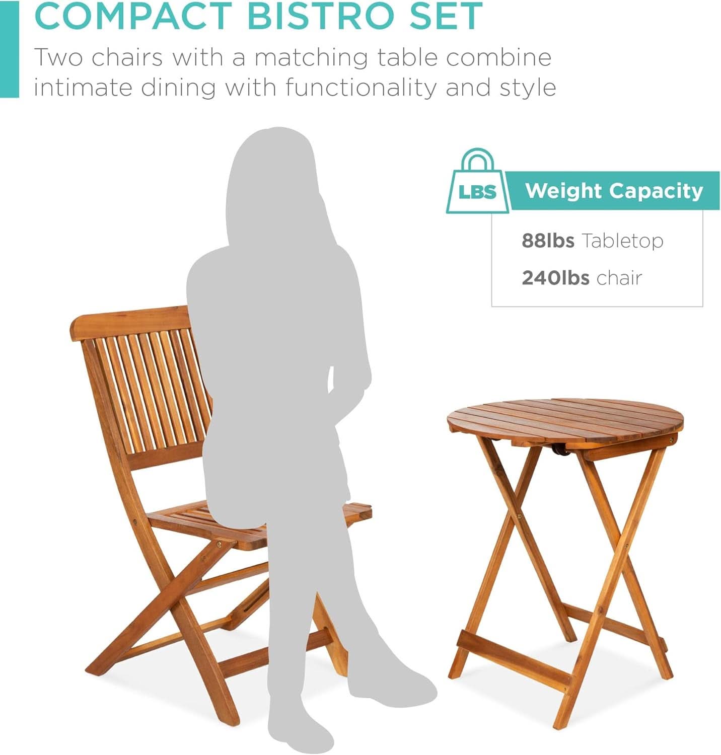 3 Piece Acacia Wood Bistro Set Folding Teak Finish Natural