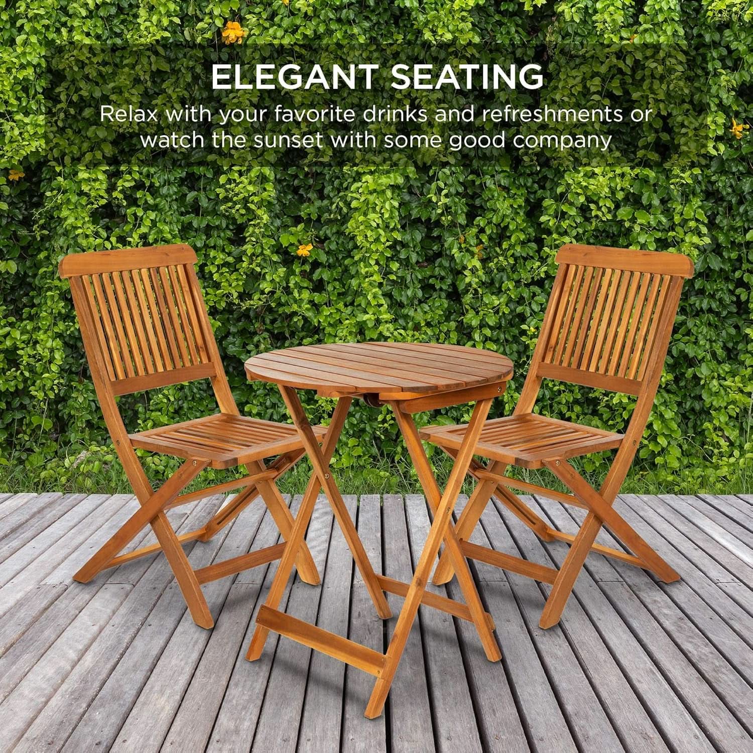 3 Piece Acacia Wood Bistro Set Folding Teak Finish Natural