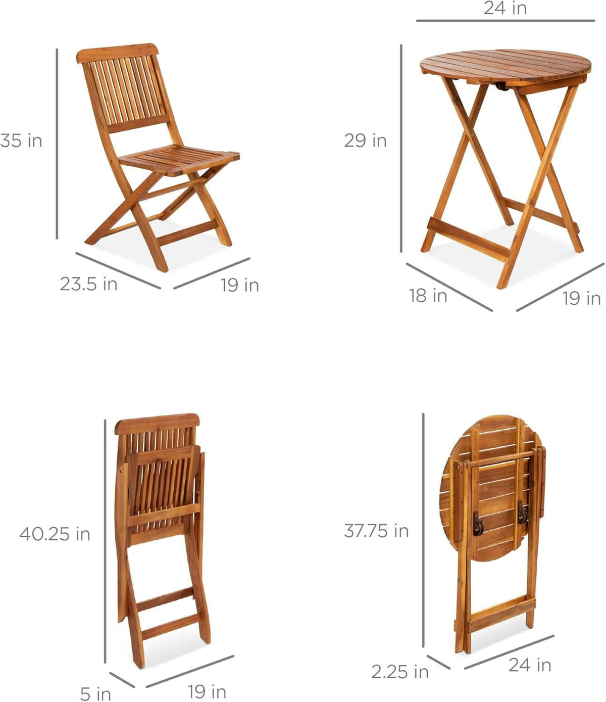 3 Piece Acacia Wood Bistro Set Folding Teak Finish Natural