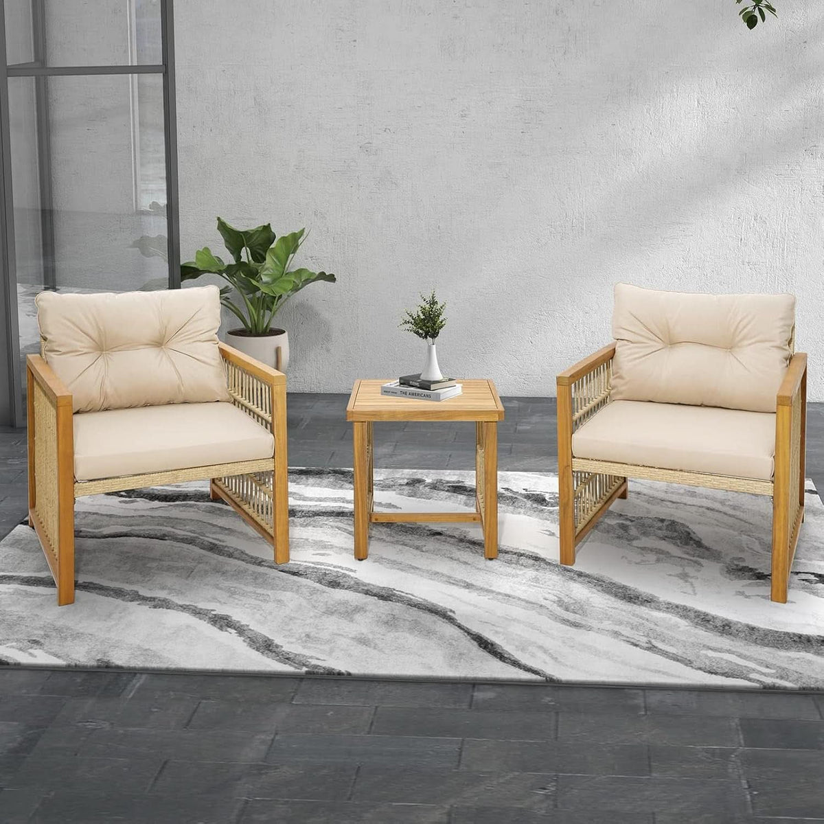 3 Piece Acacia Wood Patio Furniture Set With Beige PE Wicker Cushioned Chairs And Coffee Table