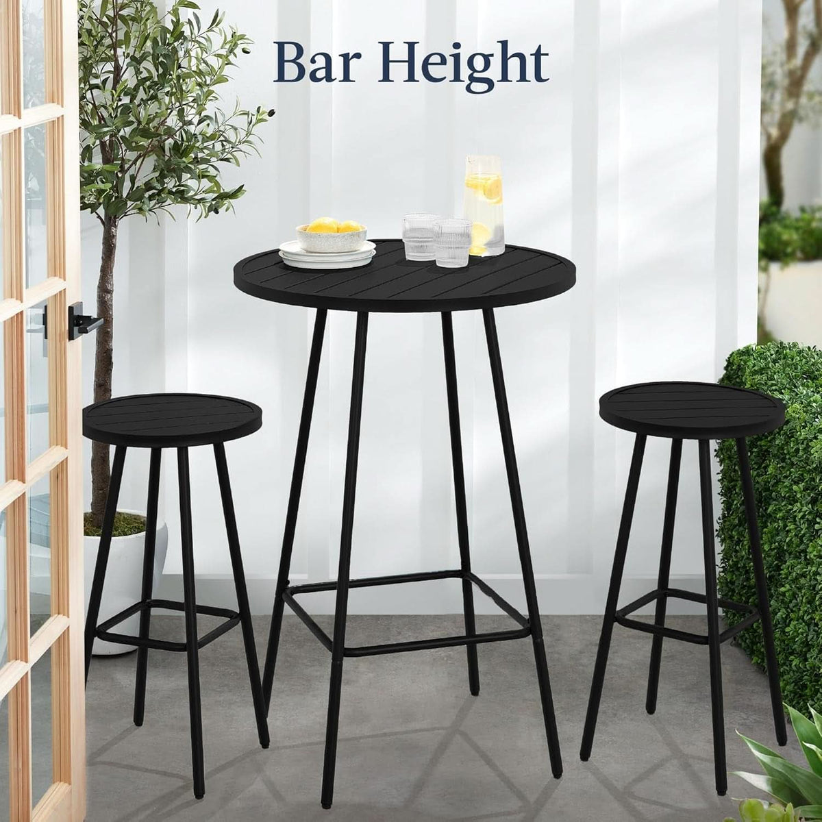 3 Piece Bar Height Patio Bistro Set Black Round Table With Backless Stools Patio Furniture Set