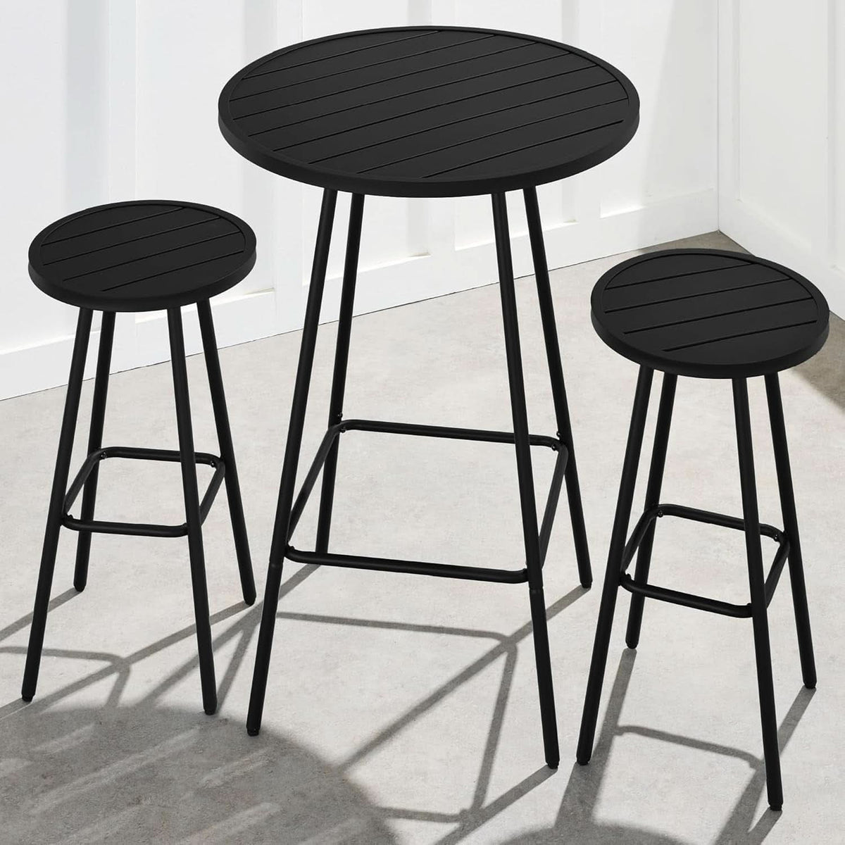 3 Piece Bar Height Patio Bistro Set Black Round Table With Backless Stools Patio Furniture Set
