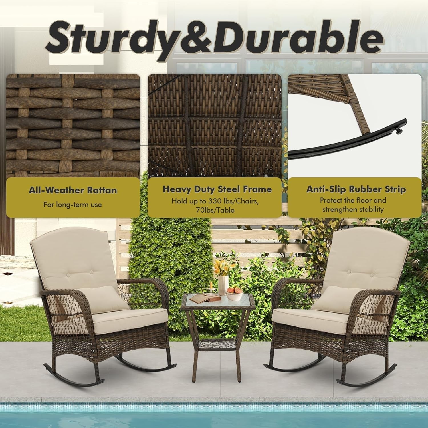 3 Piece Beige Patio Bistro Set Wicker Outdoor Chairs With Coffee Table For Patio Porch Garden