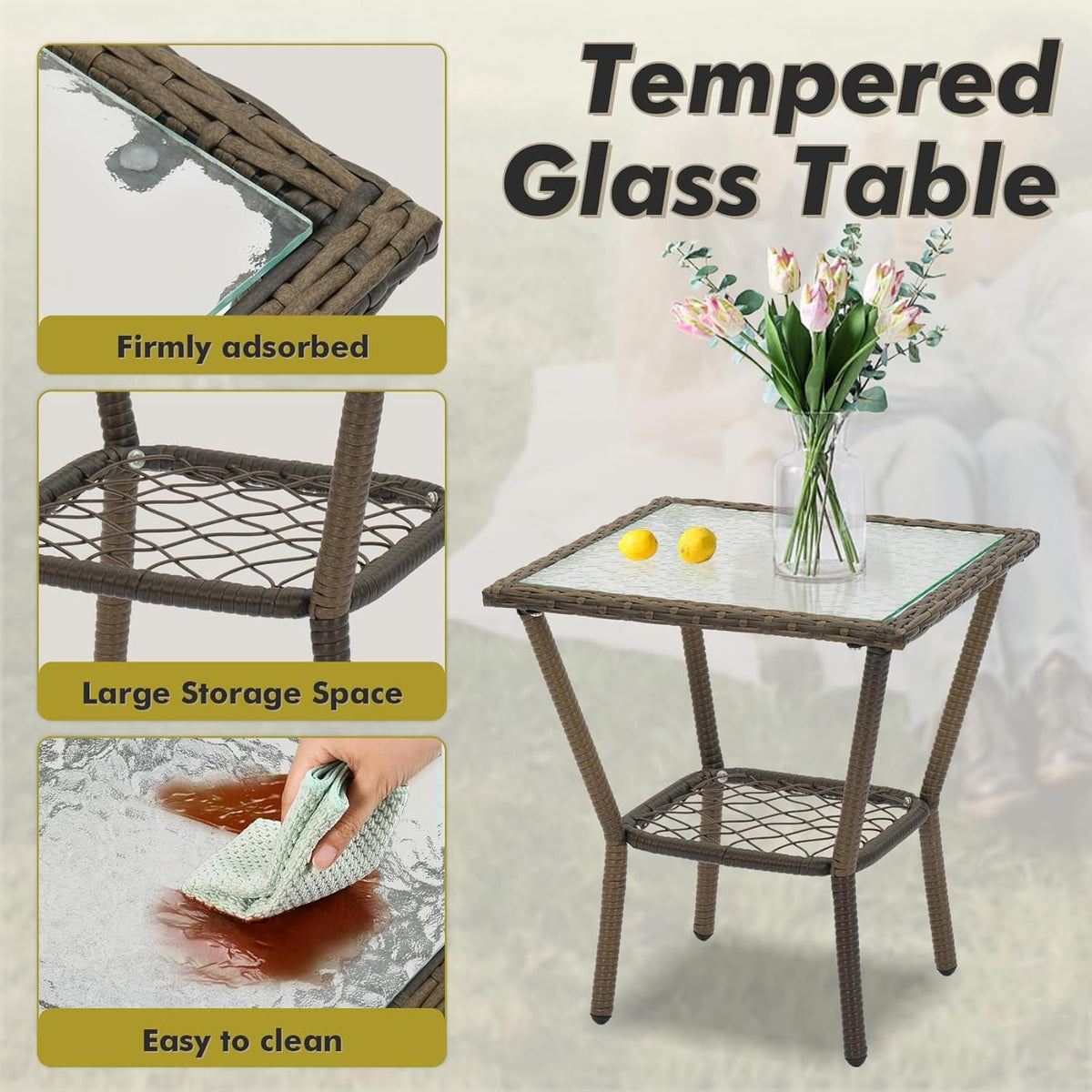 3 Piece Beige Patio Bistro Set Wicker Outdoor Chairs With Coffee Table For Patio Porch Garden