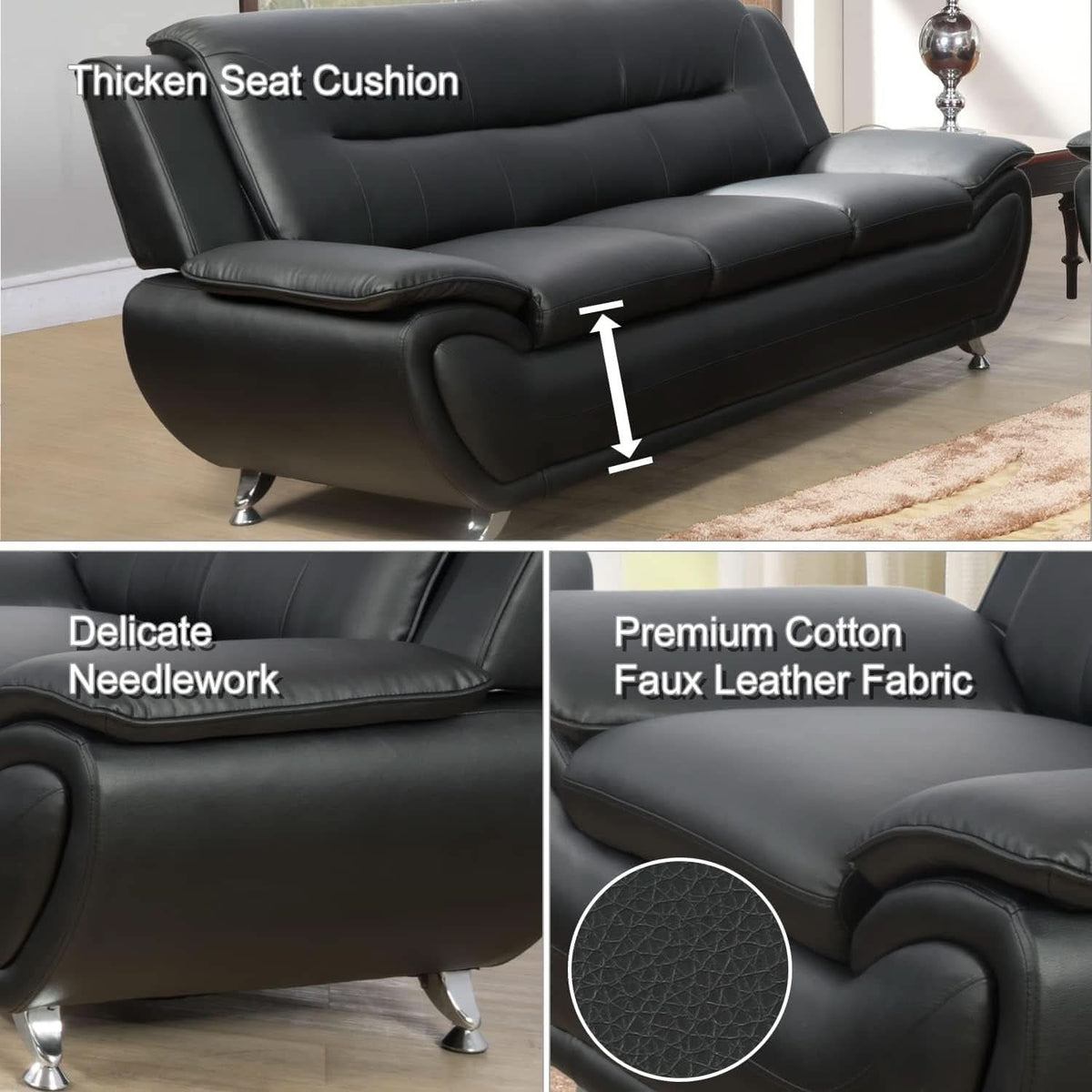 3 Piece Black Sofa Set Modern Living Room Couch Set Sofa Loveseat Chair For Home Decor