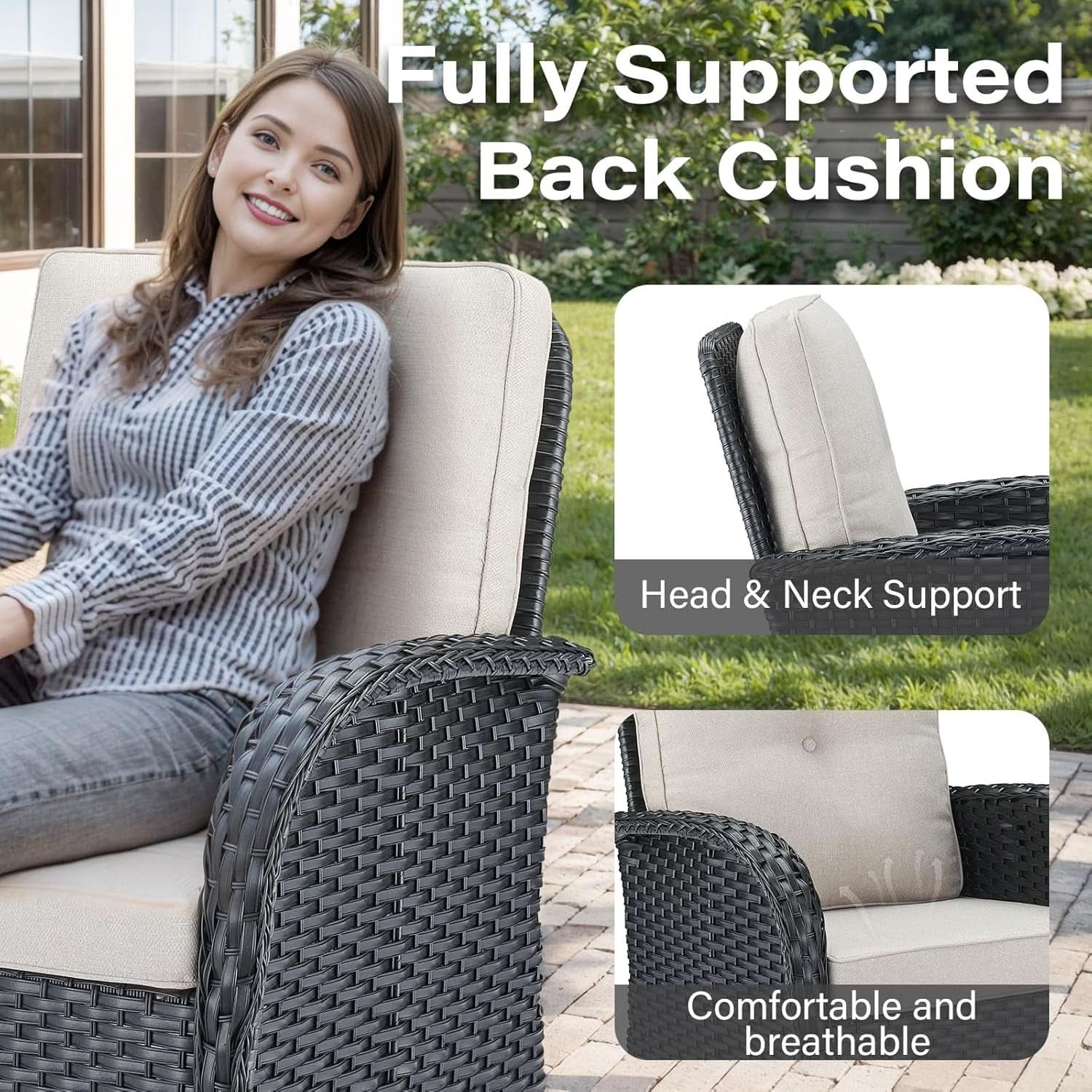 3 Piece Black Wicker Patio Furniture Set With Swivel Rocker Chairs And Side Table Beige Cushions