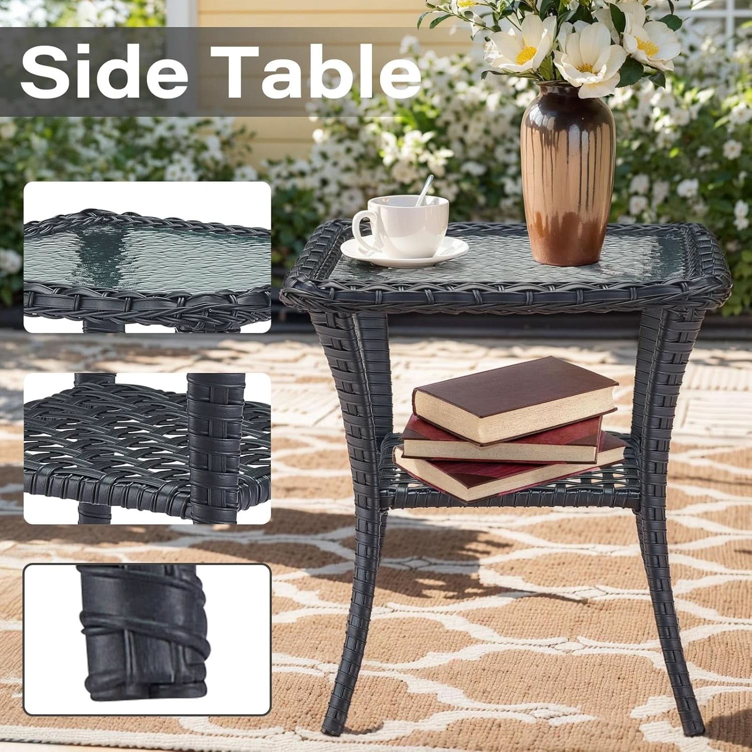 3 Piece Black Wicker Patio Furniture Set With Swivel Rocker Chairs And Side Table Beige Cushions