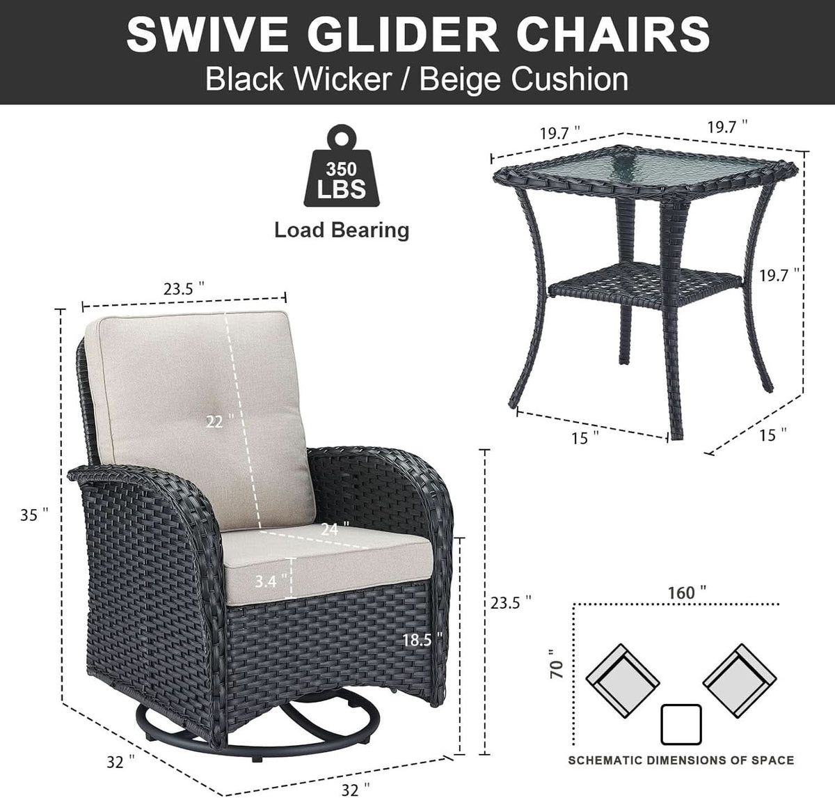 3 Piece Black Wicker Patio Furniture Set With Swivel Rocker Chairs And Side Table Beige Cushions