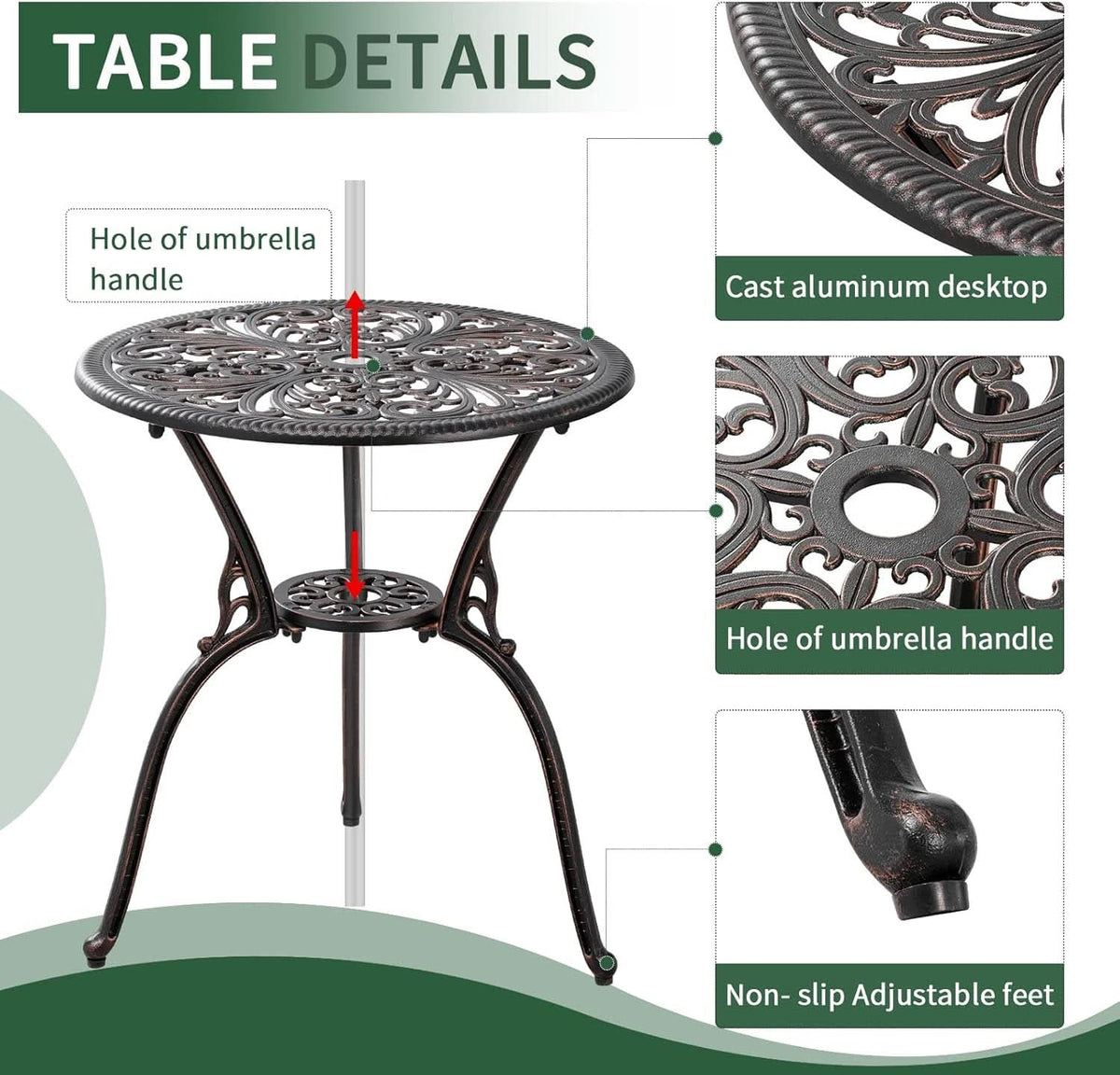 3 Piece Cast Aluminum Outdoor Patio Bistro Set With Umbrella Hole In Brown All Weather Durable