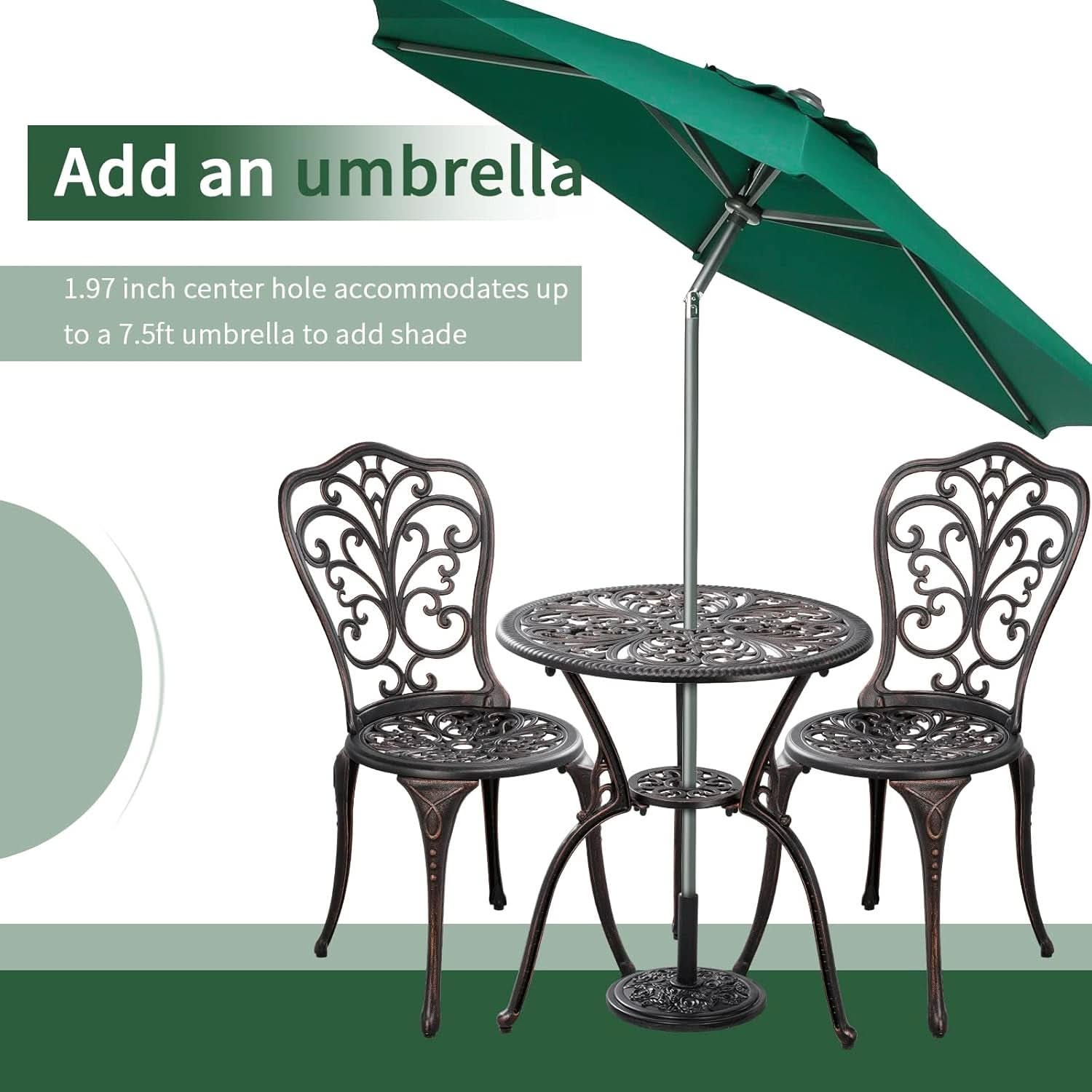 3 Piece Cast Aluminum Outdoor Patio Bistro Set With Umbrella Hole In Brown All Weather Durable