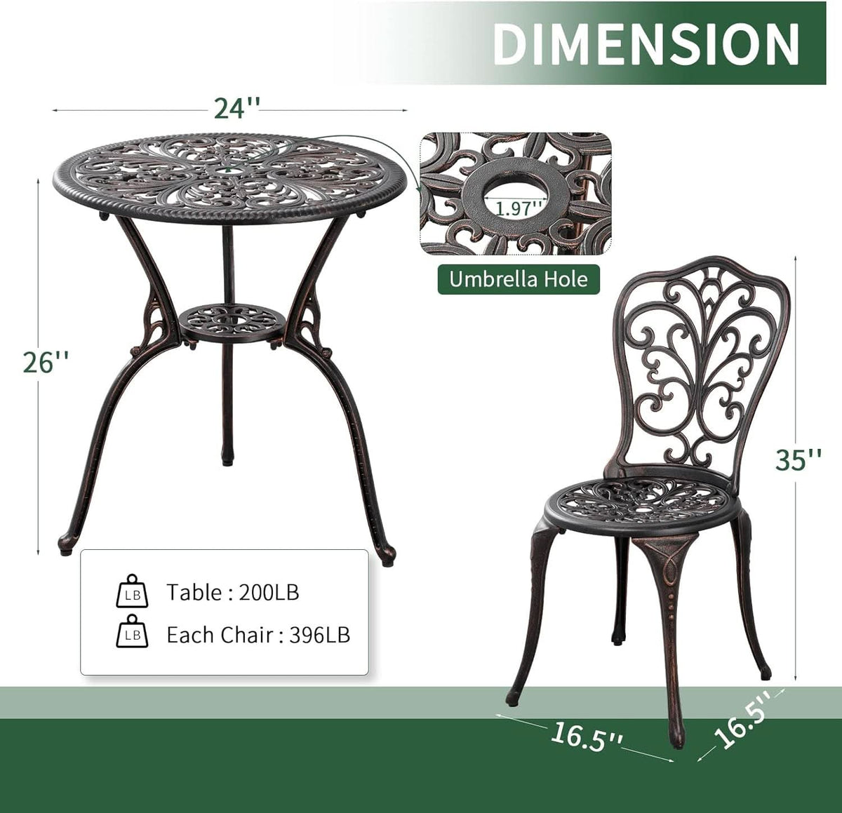 3 Piece Cast Aluminum Outdoor Patio Bistro Set With Umbrella Hole In Brown All Weather Durable