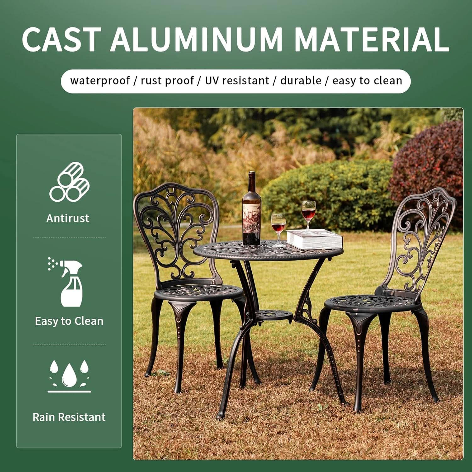3 Piece Cast Aluminum Outdoor Patio Bistro Set With Umbrella Hole In Brown All Weather Durable