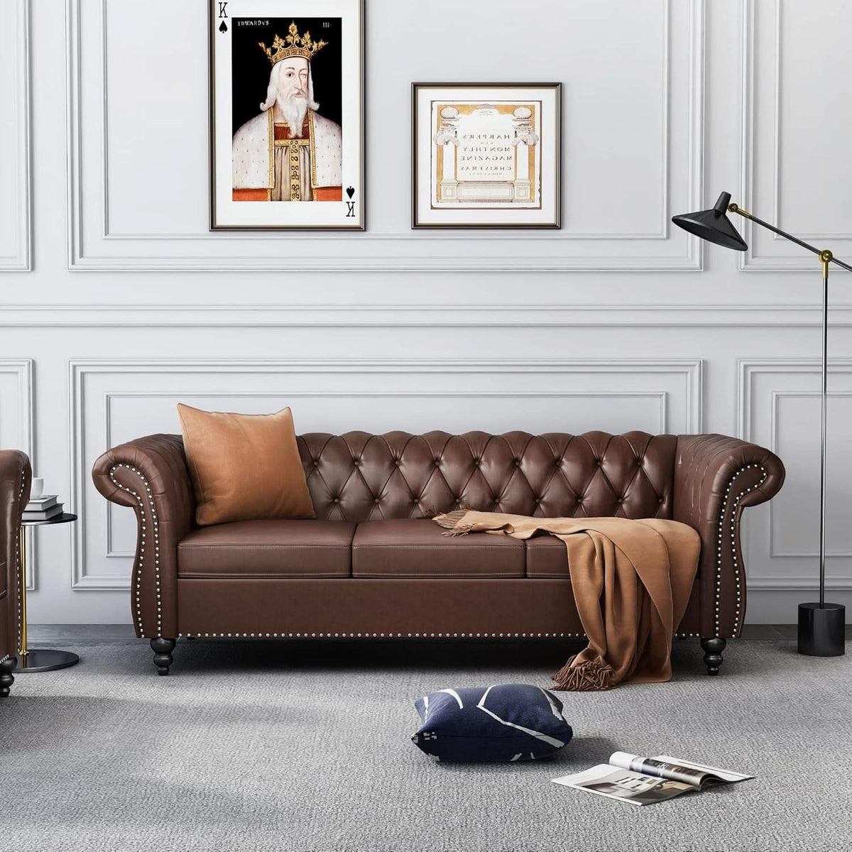 3 Piece Chesterfield Leather Living Room Set Sofa Loveseat Chair Dark Brown with Scroll Arms and Nailhead
