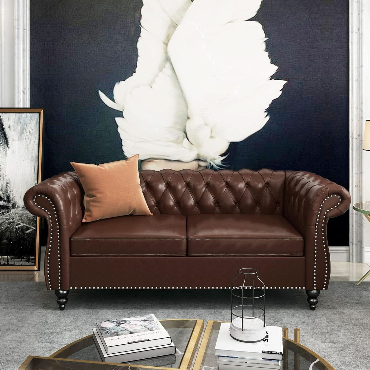 3 Piece Chesterfield Leather Living Room Set Sofa Loveseat Chair Dark Brown with Scroll Arms and Nailhead