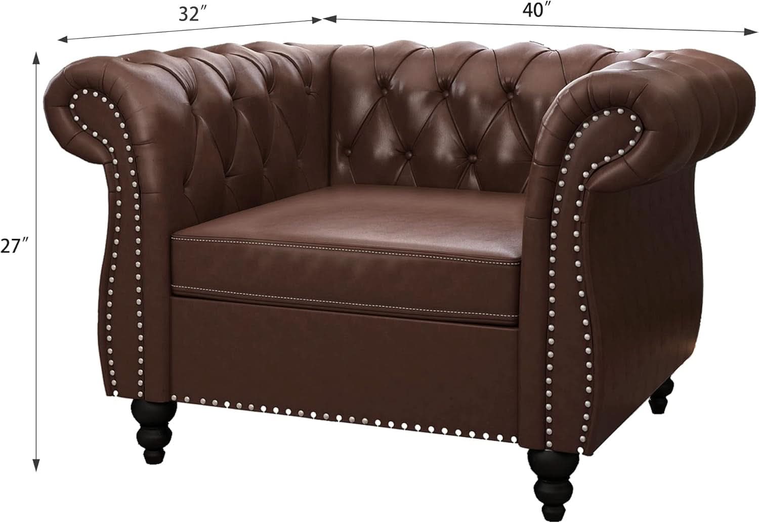 3 Piece Chesterfield Leather Living Room Set Sofa Loveseat Chair Dark Brown with Scroll Arms and Nailhead