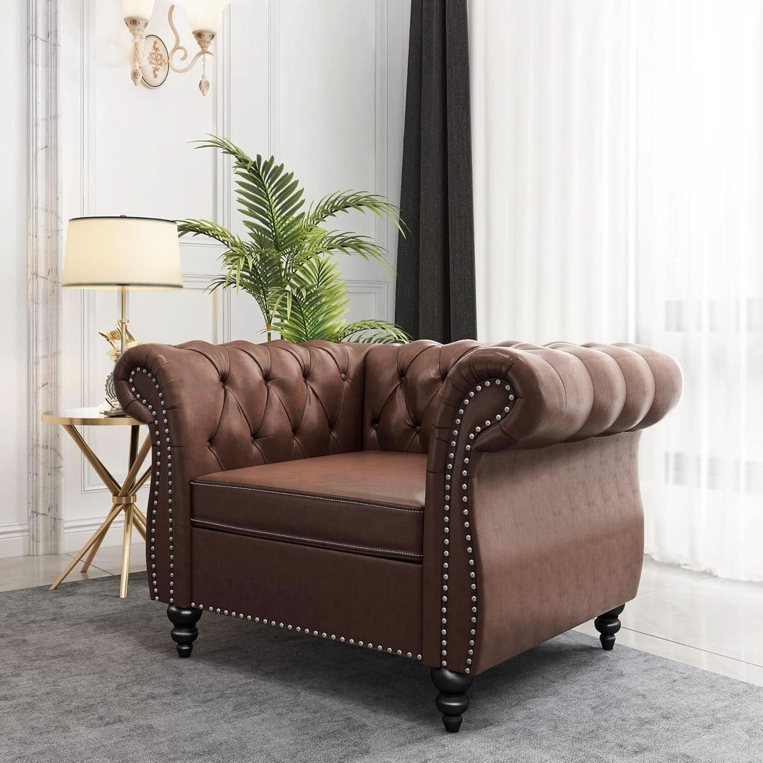 3 Piece Chesterfield Leather Living Room Set Sofa Loveseat Chair Dark Brown with Scroll Arms and Nailhead
