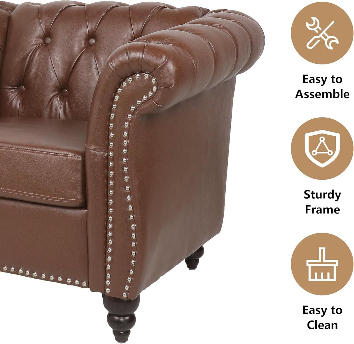 3 Piece Chesterfield Leather Sofa Set With Rolled Arms And Nailhead Trim Modern Brown Living Room Set