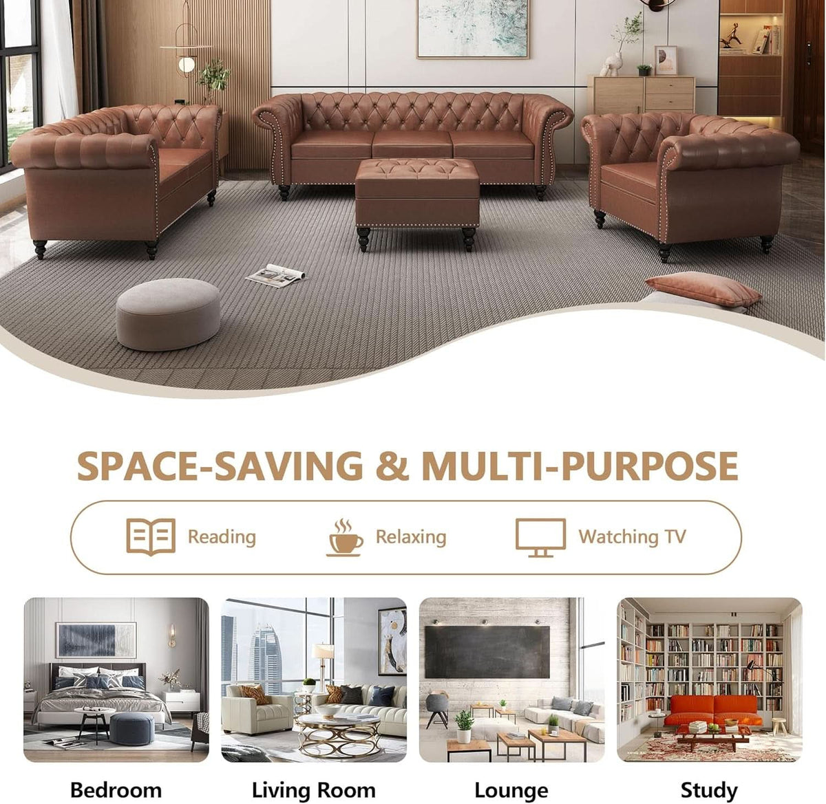 3 Piece Chesterfield Leather Sofa Set With Rolled Arms And Nailhead Trim Modern Brown Living Room Set