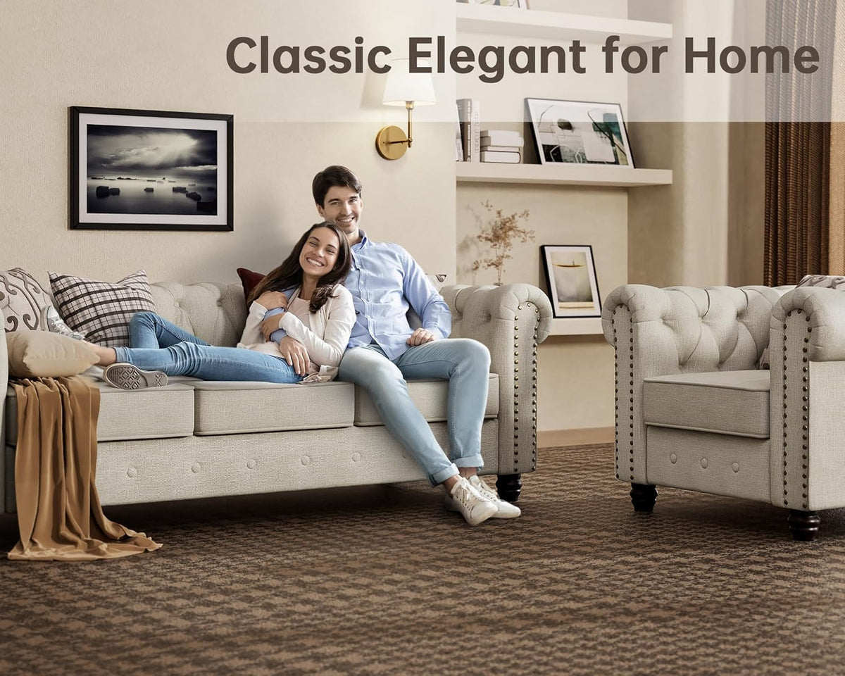 3 Piece Classic Chesterfield 6 Seater Sofa Set With Tufted Cushions Linen Beige Upholstery