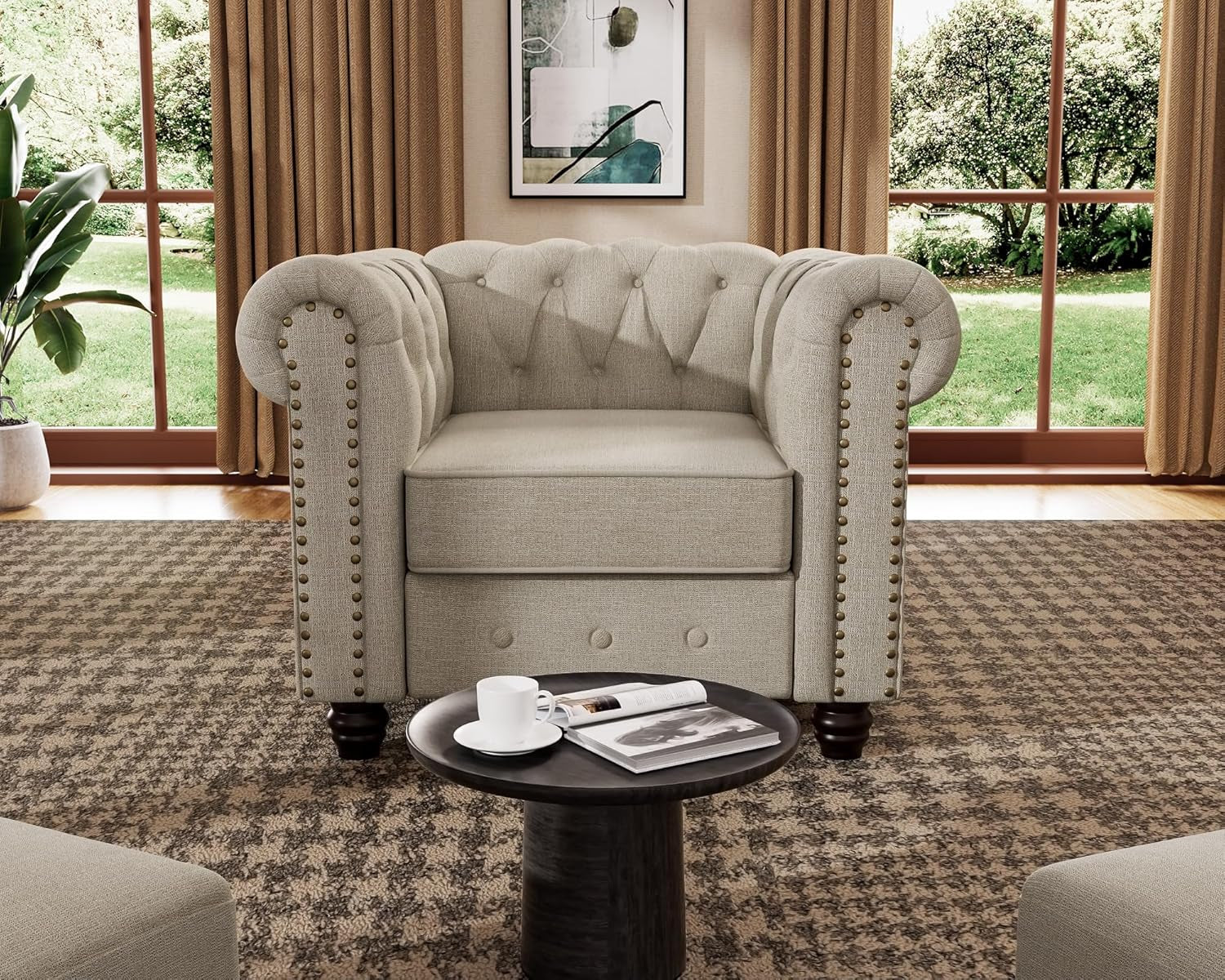 3 Piece Classic Chesterfield 6 Seater Sofa Set With Tufted Cushions Linen Beige Upholstery