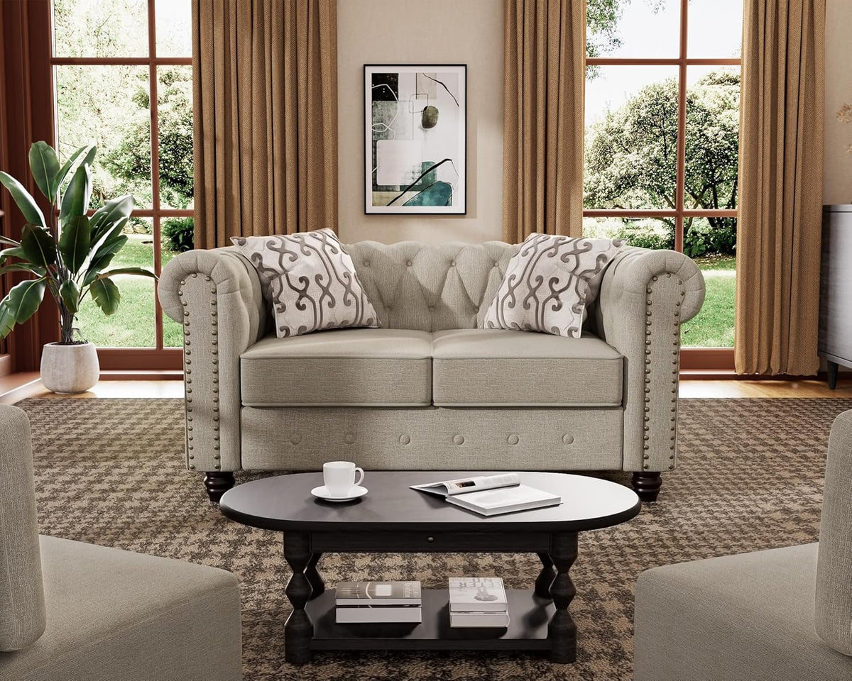 3 Piece Classic Chesterfield 6 Seater Sofa Set With Tufted Cushions Linen Beige Upholstery