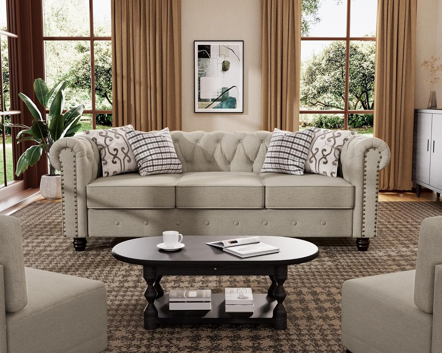 3 Piece Classic Chesterfield 6 Seater Sofa Set With Tufted Cushions Linen Beige Upholstery