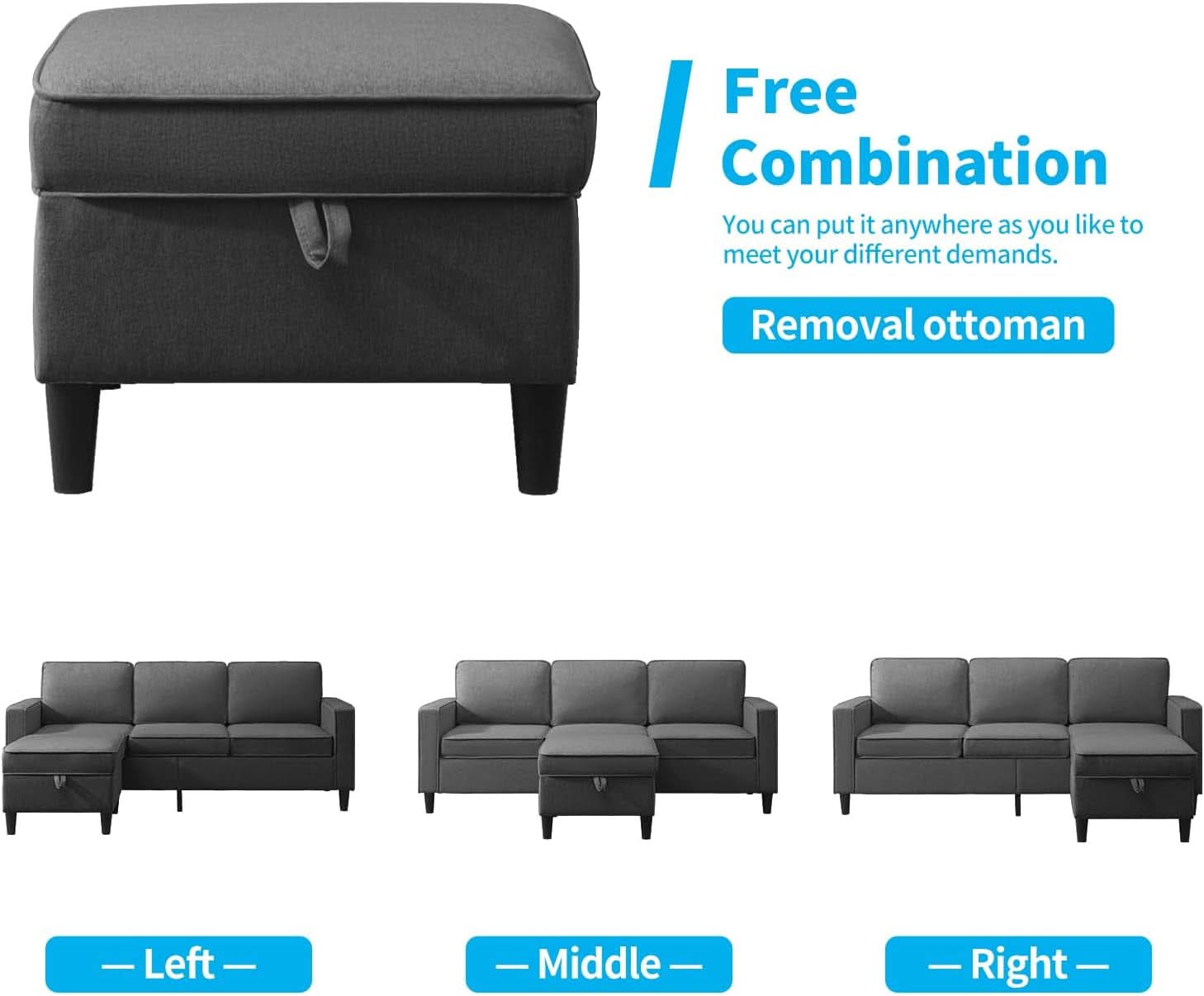 3 Piece Convertible Sofa Set With Linen Upholstery And Storage Ottoman Dark Grey