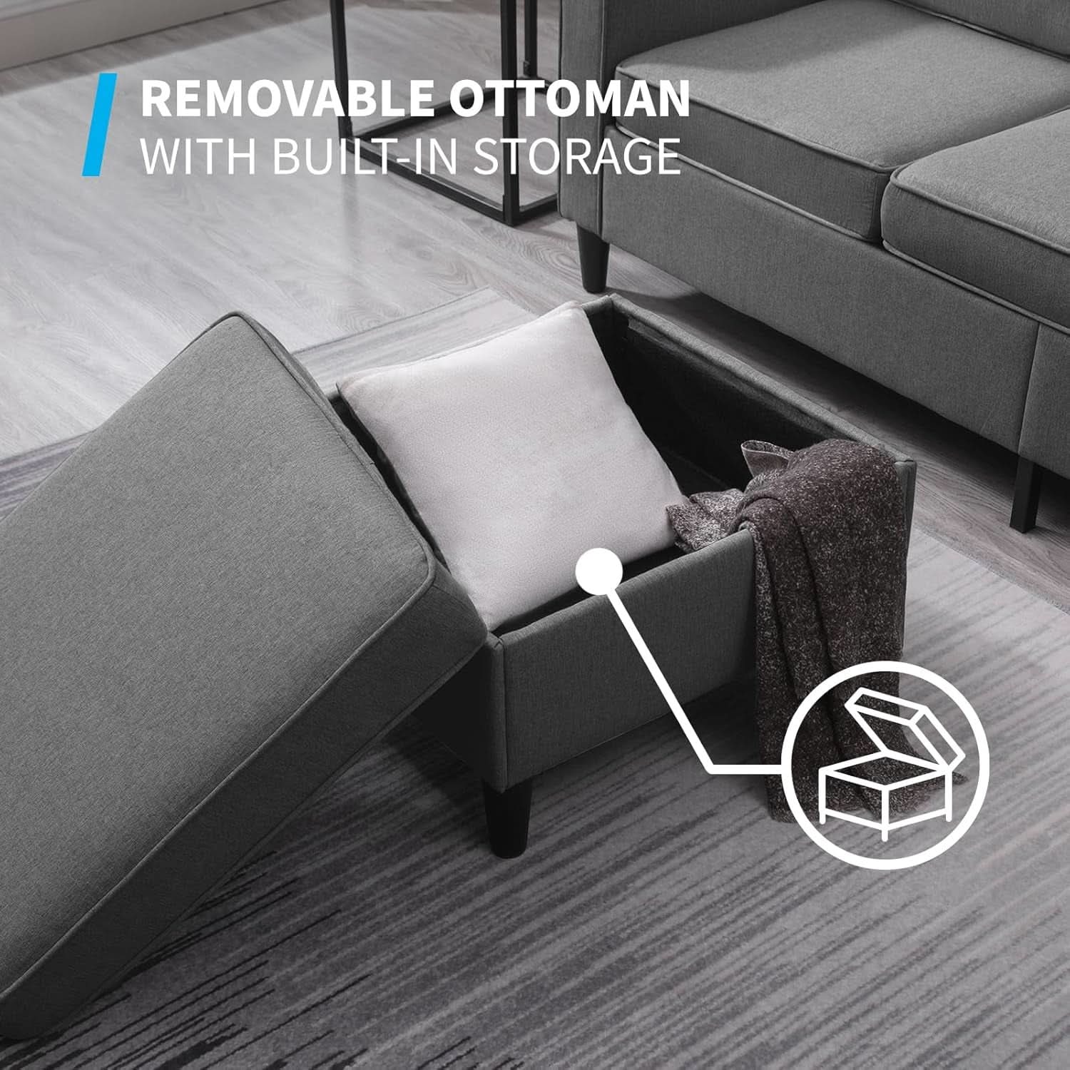 3 Piece Convertible Sofa Set With Linen Upholstery And Storage Ottoman Dark Grey