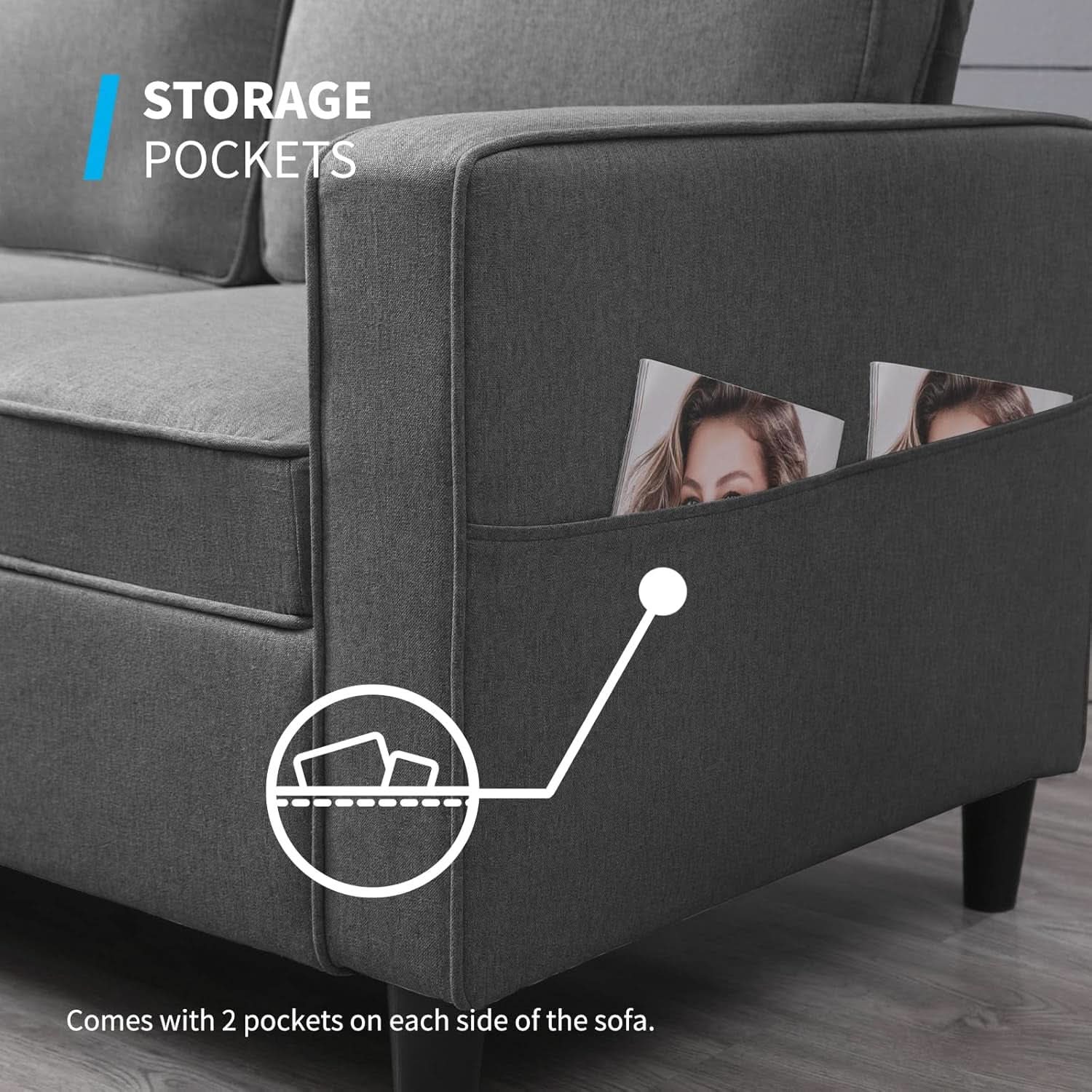 3 Piece Convertible Sofa Set With Linen Upholstery And Storage Ottoman Dark Grey