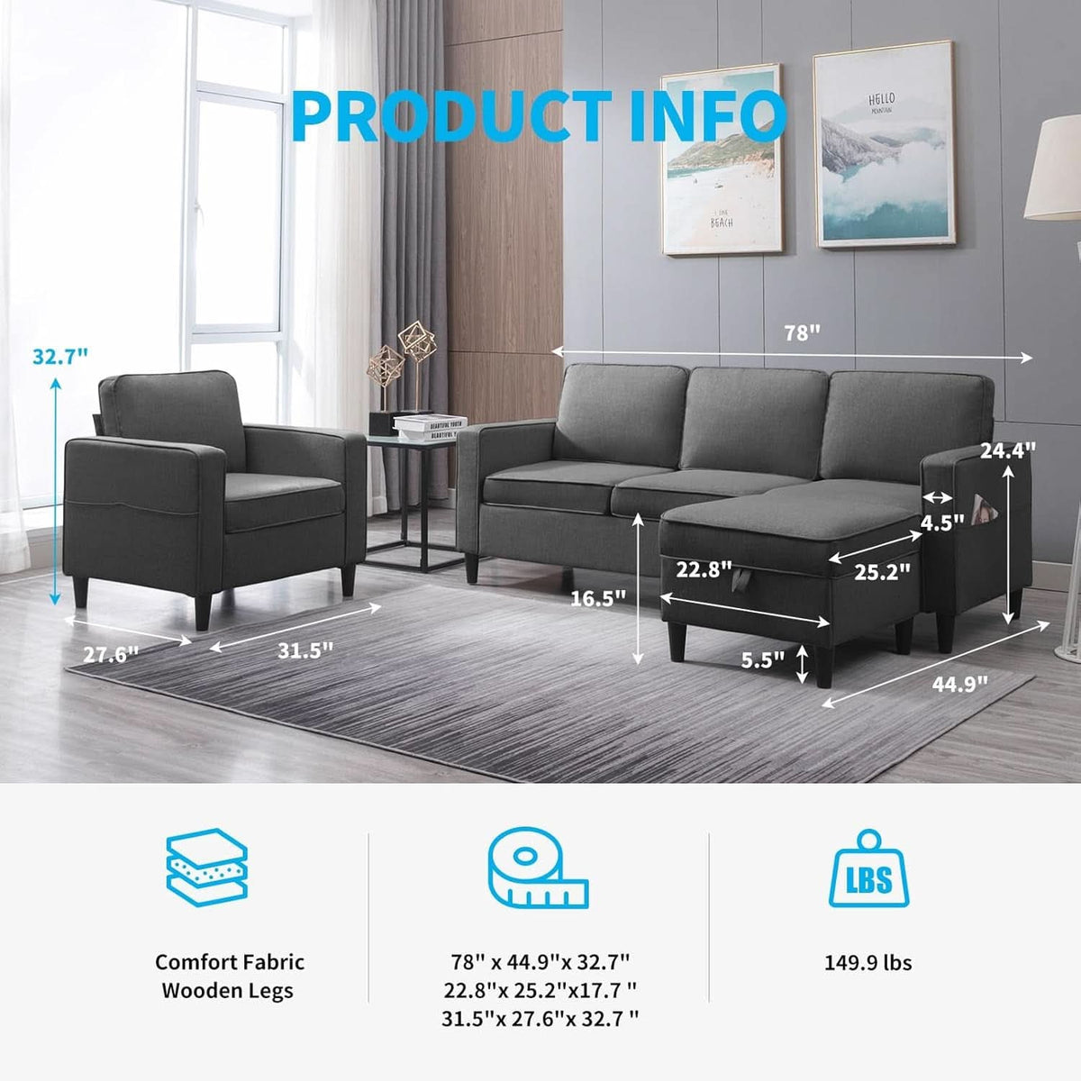 3 Piece Convertible Sofa Set With Linen Upholstery And Storage Ottoman Dark Grey