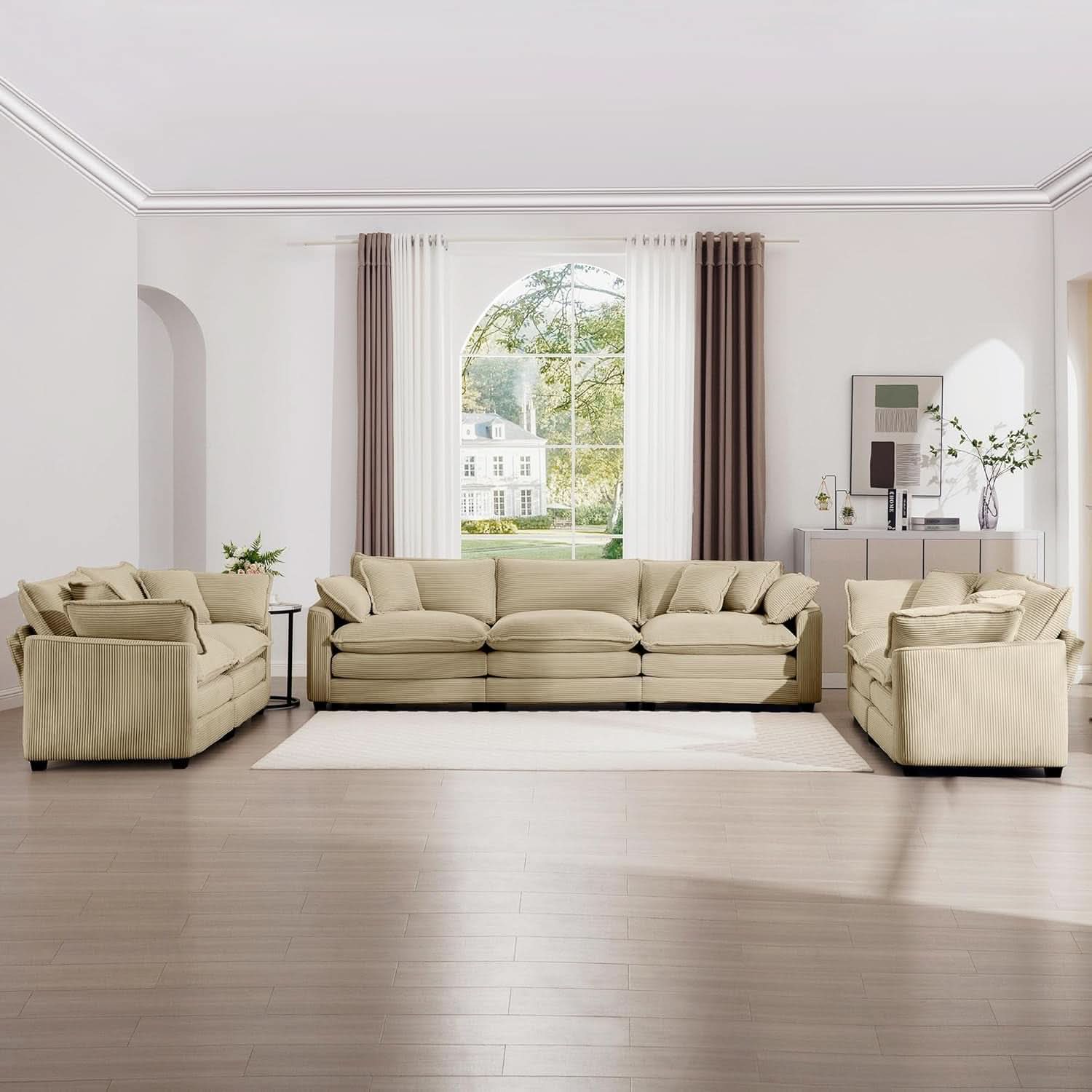 3 Piece Corduroy Sofa Set Camel 3 Seater And 2 Loveseats