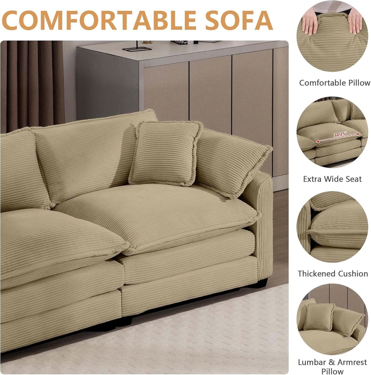 3 Piece Corduroy Sofa Set Camel 3 Seater And 2 Loveseats