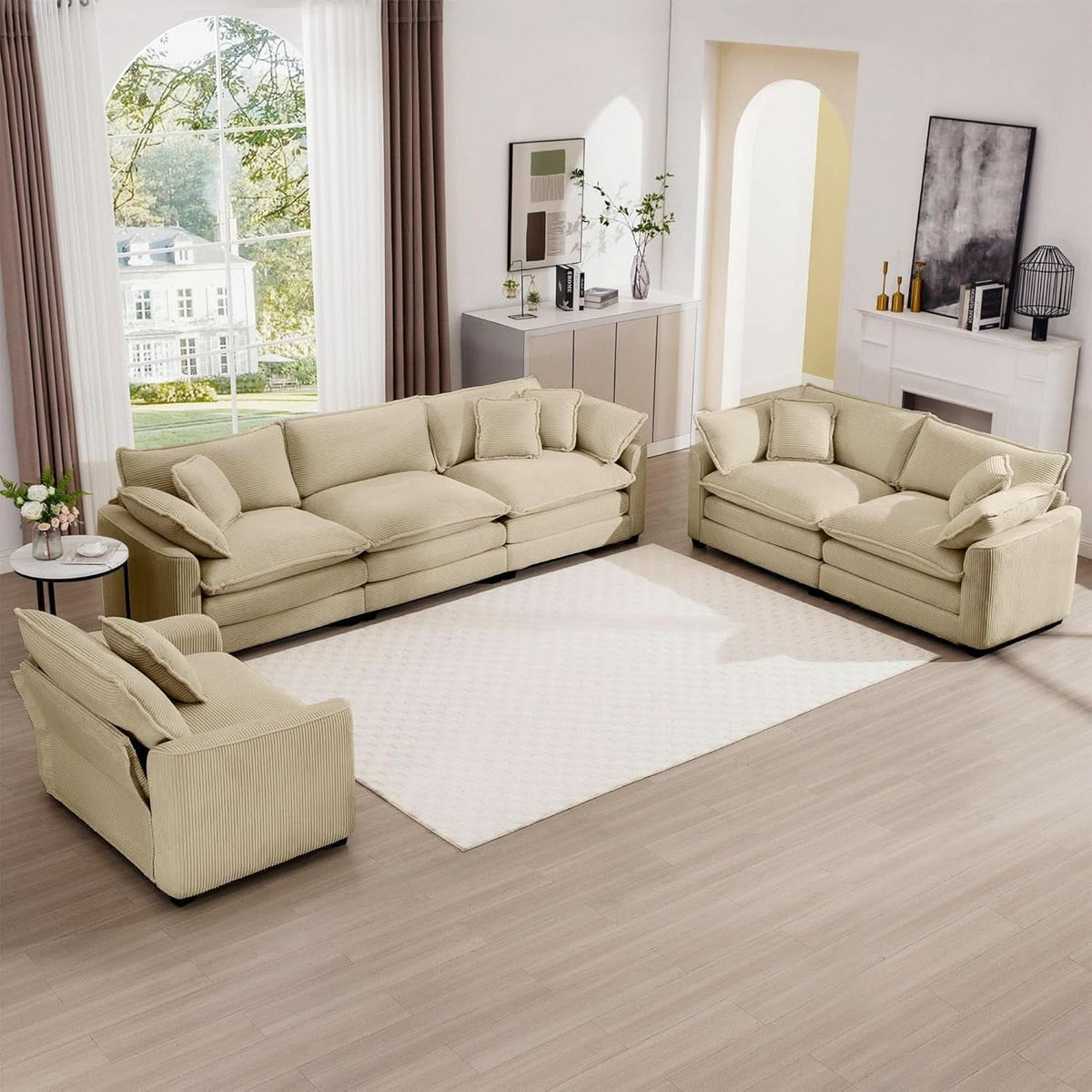 3 Piece Corduroy Sofa Set Camel 3 Seater And 2 Loveseats