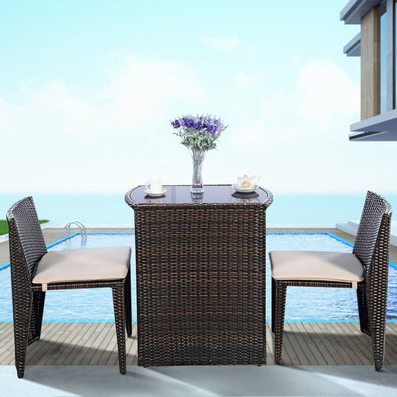 3 Piece Cushioned Wicker Patio Bistro Set No Assembly Needed With Tempered Glass Table And Two Cushioned Chairs