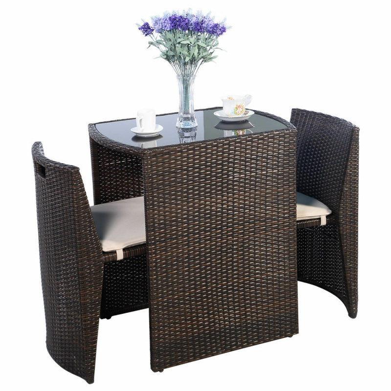 3 Piece Cushioned Wicker Patio Bistro Set No Assembly Needed With Tempered Glass Table And Two Cushioned Chairs