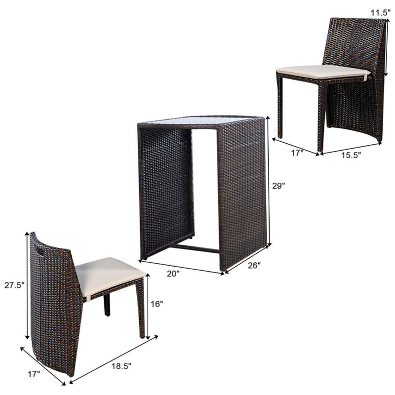 3 Piece Cushioned Wicker Patio Bistro Set No Assembly Needed With Tempered Glass Table And Two Cushioned Chairs