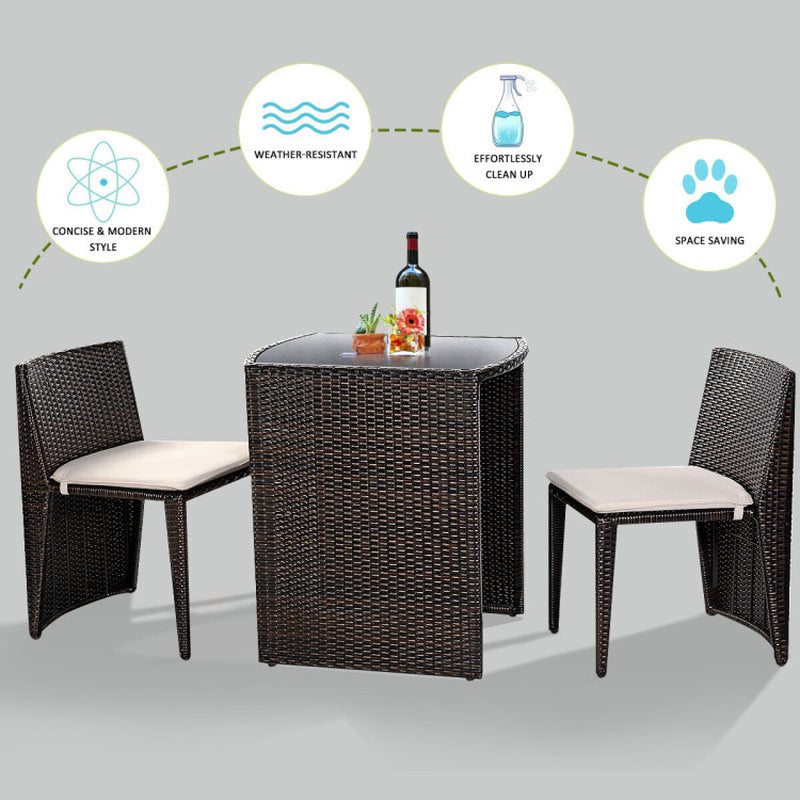 3 Piece Cushioned Wicker Patio Bistro Set No Assembly Needed With Tempered Glass Table And Two Cushioned Chairs