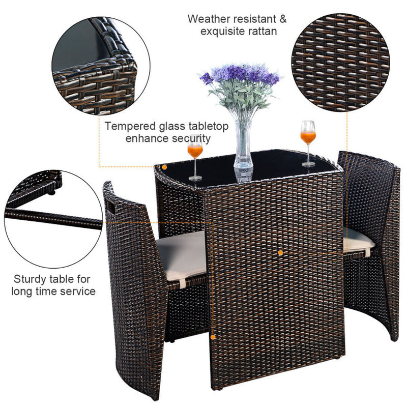 3 Piece Cushioned Wicker Patio Bistro Set No Assembly Needed With Tempered Glass Table And Two Cushioned Chairs