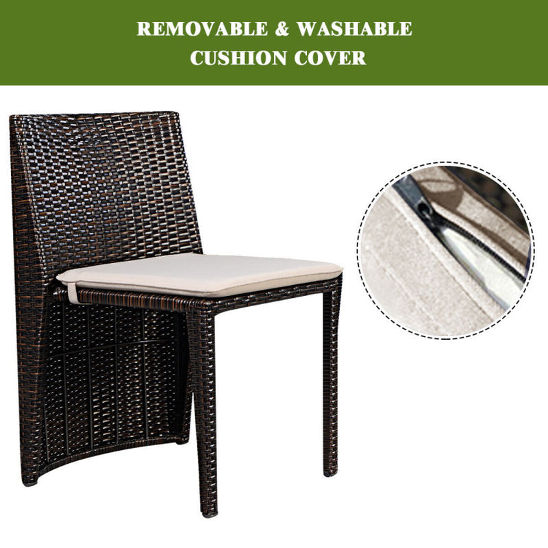 3 Piece Cushioned Wicker Patio Bistro Set No Assembly Needed With Tempered Glass Table And Two Cushioned Chairs