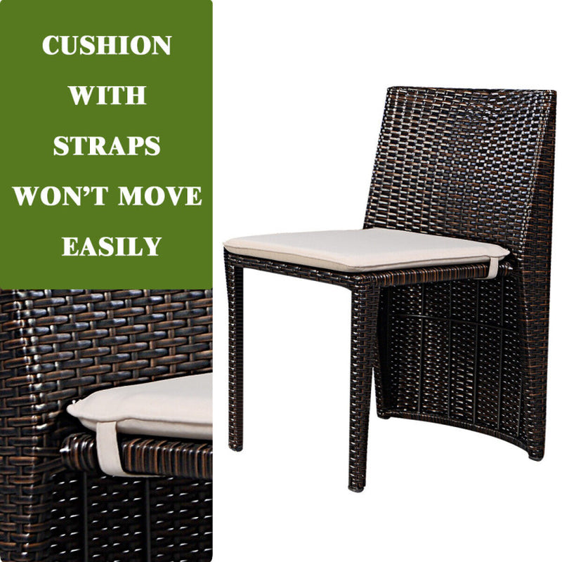 3 Piece Cushioned Wicker Patio Bistro Set No Assembly Needed With Tempered Glass Table And Two Cushioned Chairs