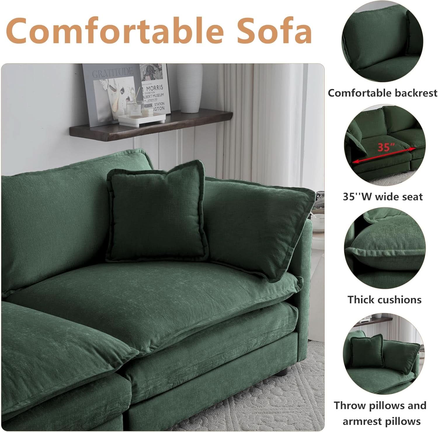 3 Piece Evergreen Sofa Set Chenille Modular For Living Room