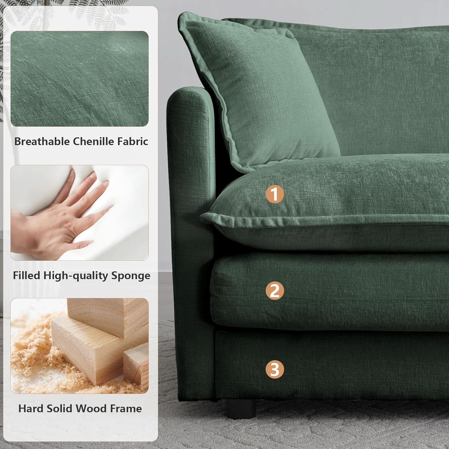 3 Piece Evergreen Sofa Set Chenille Modular For Living Room