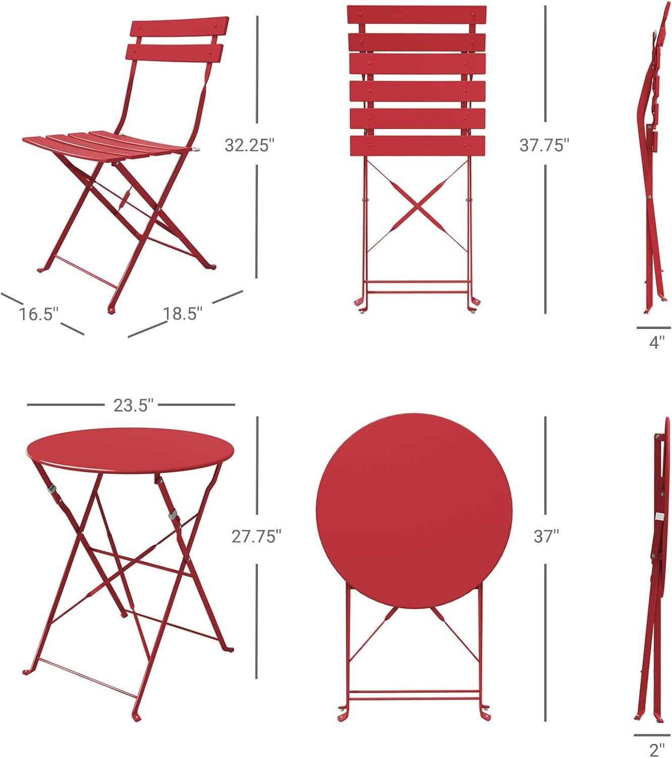 3-Piece Folding Outdoor Bistro Set Red Cushioned Seats
