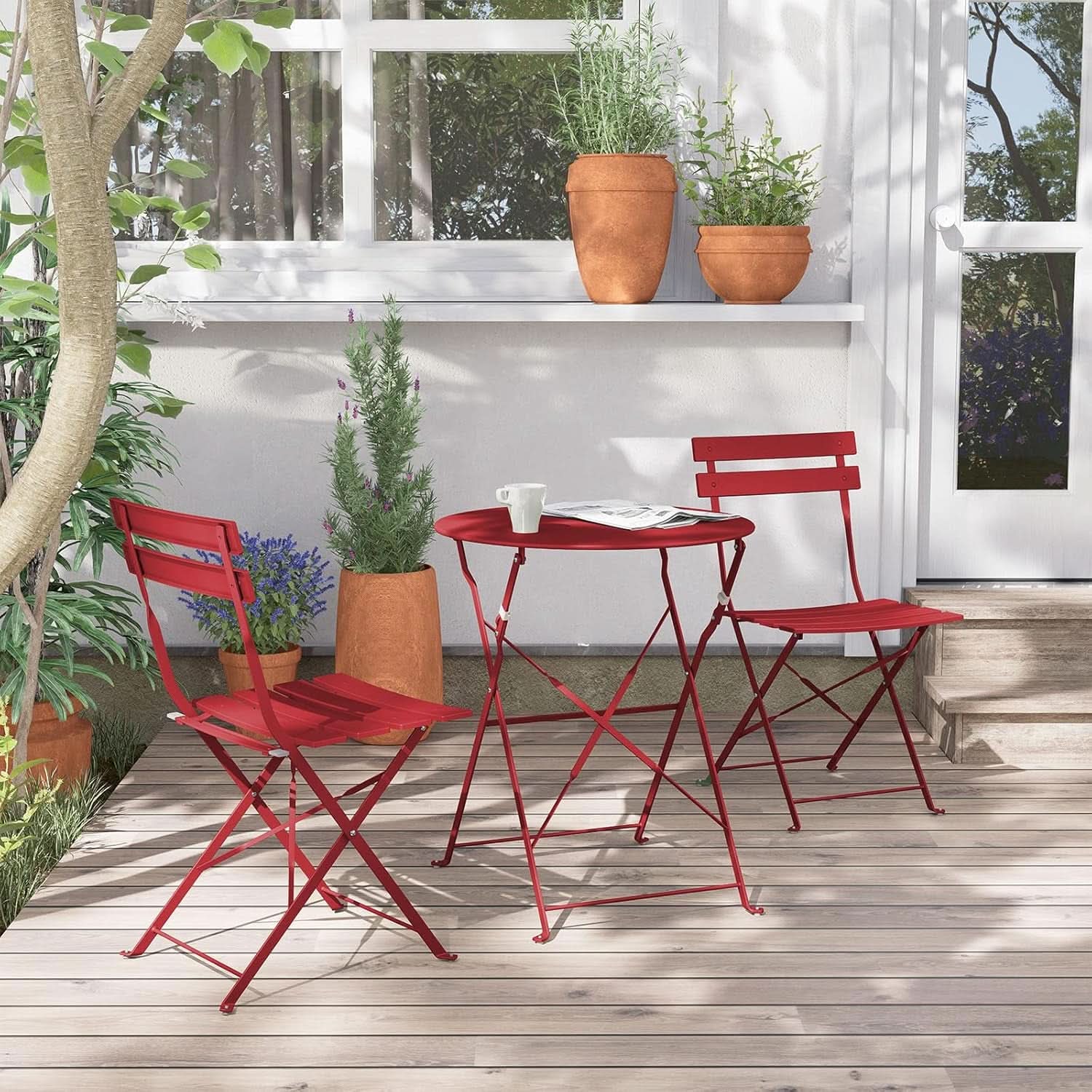 3-Piece Folding Outdoor Bistro Set Red Cushioned Seats