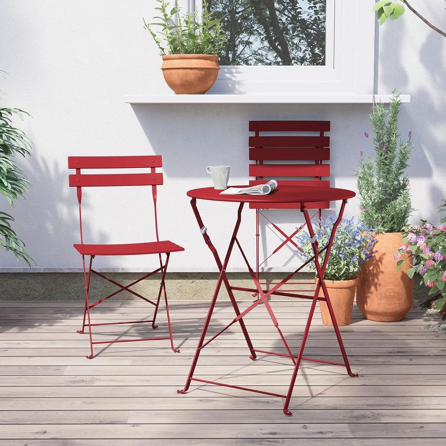 3-Piece Folding Outdoor Bistro Set Red Cushioned Seats